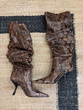 Brown Snake Print Slouchy Knee-High Boots